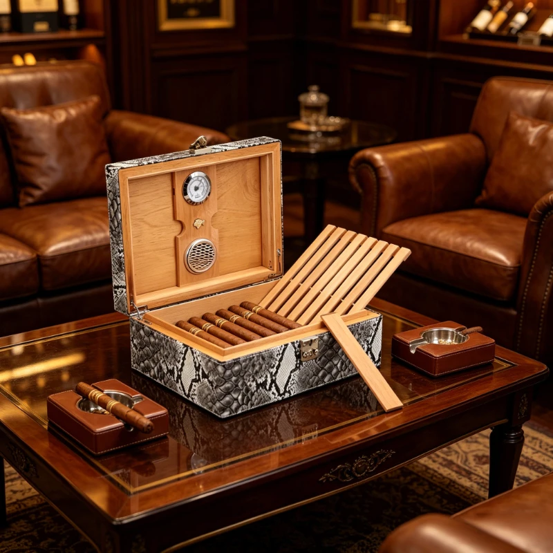 Snakeskin Humidor Holds 30 Cigars 29-57 Ring Gauge, Humidifier Hygrometer Aging Festive Gift