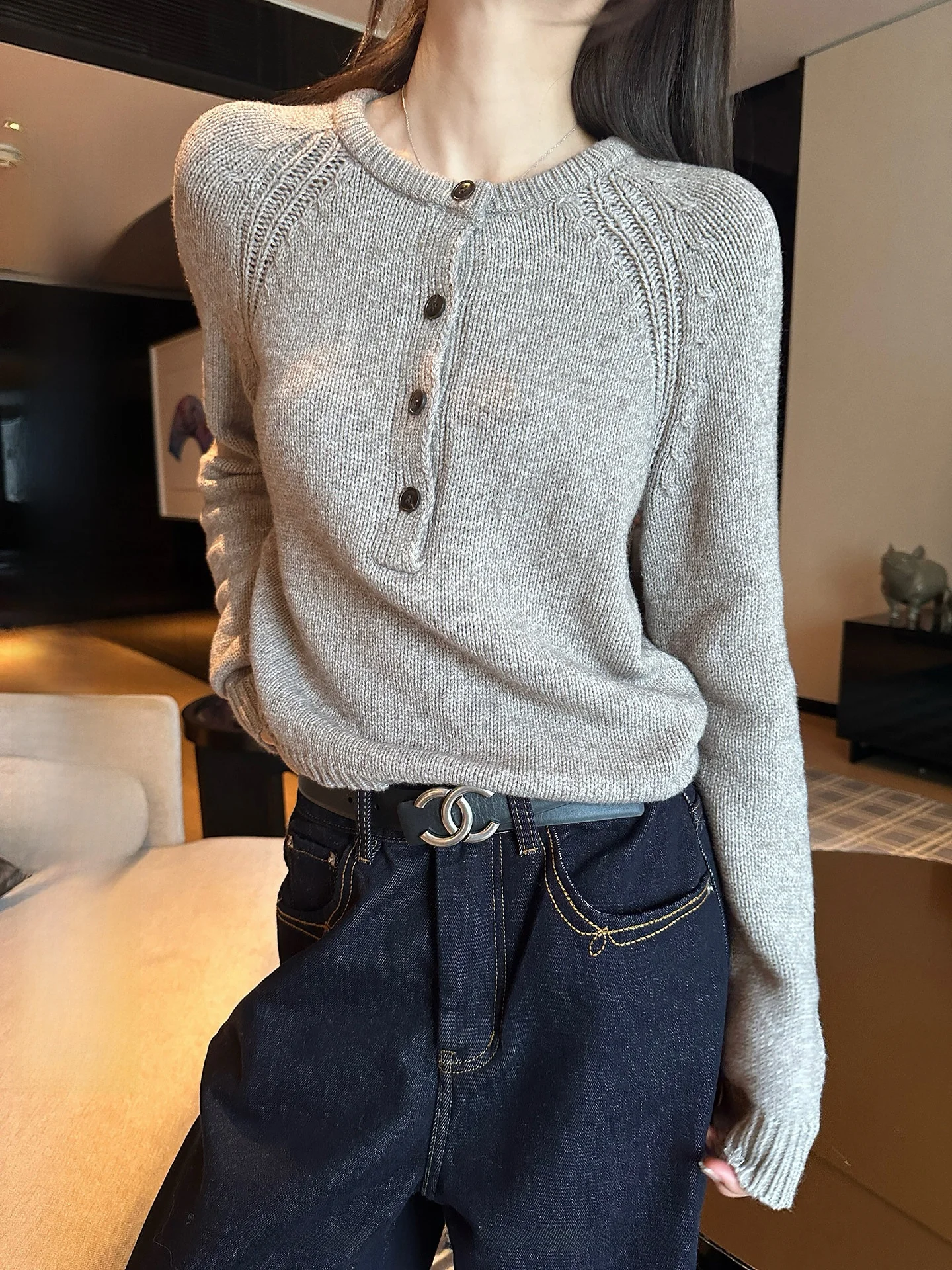 

Женский трикотажный топ NingSi с длинным рукавом и круглым вырезом, серый, повседневный, облегающий, осенне-зимний, универсальный, в стиле casual