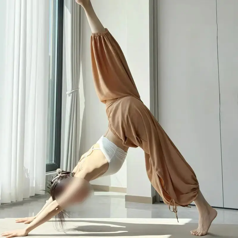 New Chinese Style Relaxing Yoga Pants Women's Mid-high Waist Loose Breathable Tying Foot Straps Bloomers Trousers Wide-leg Pants