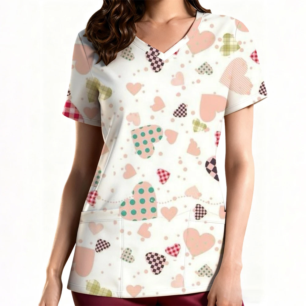 여성용 클리닉 유니폼 우아한 하트 프린트 헬스케어 스크럽 유니폼 트렌드 V넥 반팔 치과 간호 유니폼