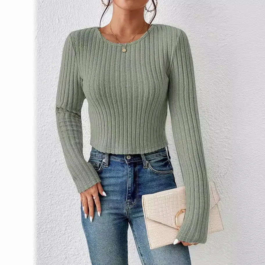 New Women's Casual Tight Solid Color Round Neck Sweater Fashion Casual Long Sleeve Knitted Top