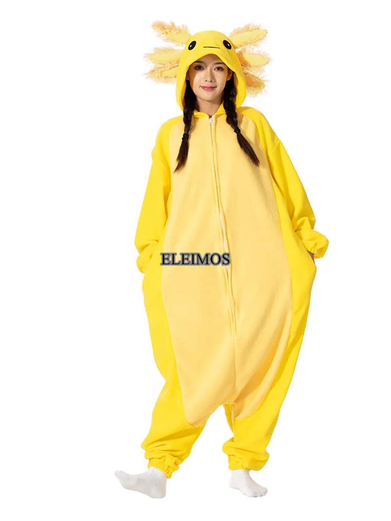 ELEIMOS Halloween Onesie Yellow Axolotl For Women Men Adult Animal Kigurumis Pyjamas Cartoon Pajama Homewear Cosplay Costume