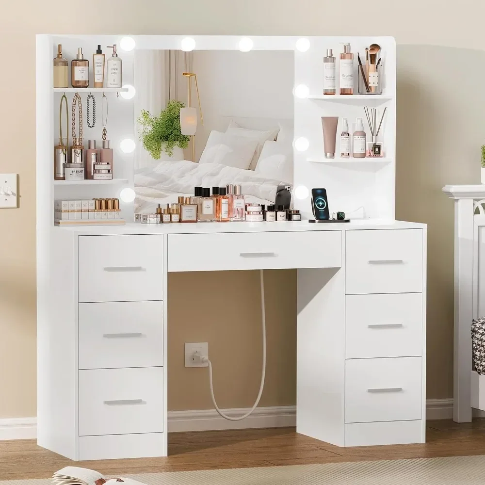 Large Vanity Desk with LED Lighted Mirror & Power Outlet,Makeup Vanity Table with 7 Drawers,4 Shelves and 5 Hooks,dressing table