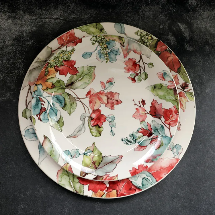 

Beautiful Autumn Floral Dish Dinner Plate Western Style Fruit Snack Dish Home Cooking Stir-Fry Dish Ceramic Round Plate
