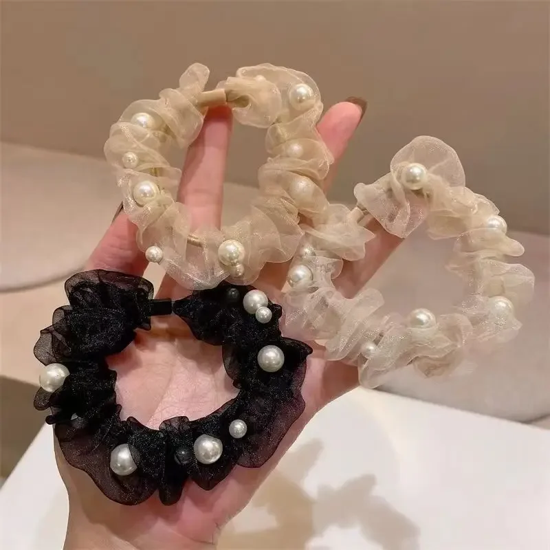 

Organza nailed pearl hair tie Korean version of hair accessories with high stretch girls tied hair accessories