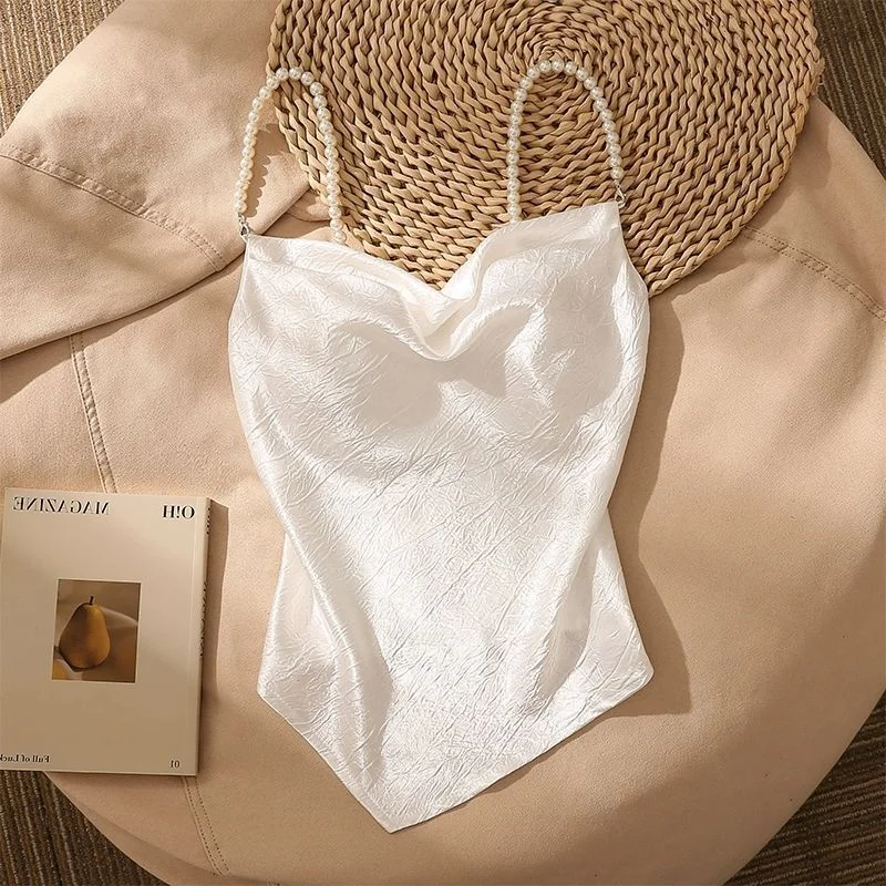 

White Satin Cami Top Pearl Straps Cowl Neck Asymmetrical Hem French Style for Party Date Daily Wear