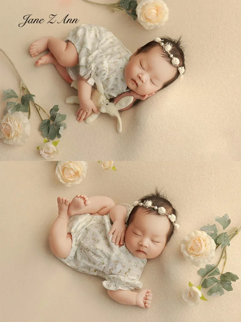 Newborn baby girl spring photo shooting outfits floral headband+clothes elegant infant outfits bunny doll