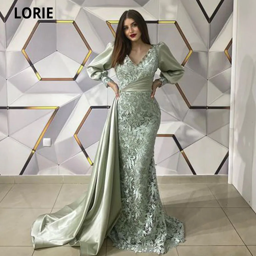 Lorie hortelã verde sereia vestidos de baile 2022 mangas compridas puff com decote em v rendas robes de soirée vestidos de celebridade arábia vestidos de festa