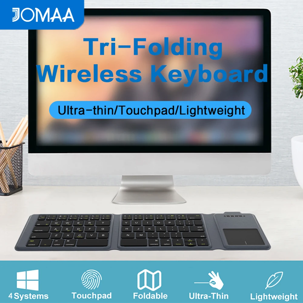Rechargable Bluetooth Wireless Keyboard with Touchpad,Portable Tri-Folding Wireless Travel Keyboard for PC/Laptop/Tablet-Grey