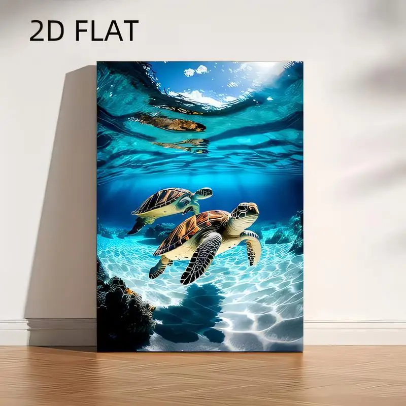 2D Flat Underwater Sea Turtles Metal Wall Art - Vibrant Blue Marine - Themed Tin Painting, Iron, Coastal Decor for Home, Beach H