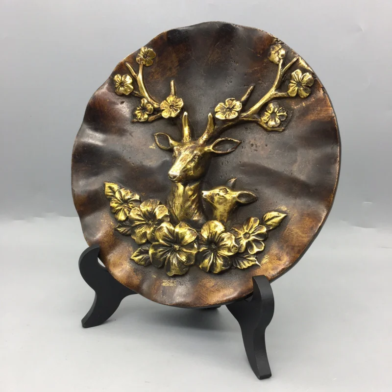 Bronze Collection Plum Blossom Deer Plate Exquisite Craft Patina Rich Texture Complete Shape Handicraft