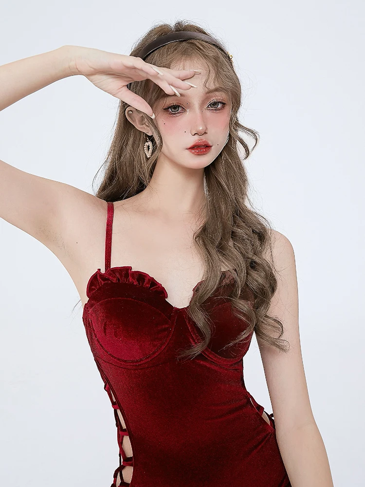 

Masked Drunken Rose One-Piece Swimsuit Women's Vacation Hot Spring Leisure Swimwear Pure Desire Style No Sleeve
