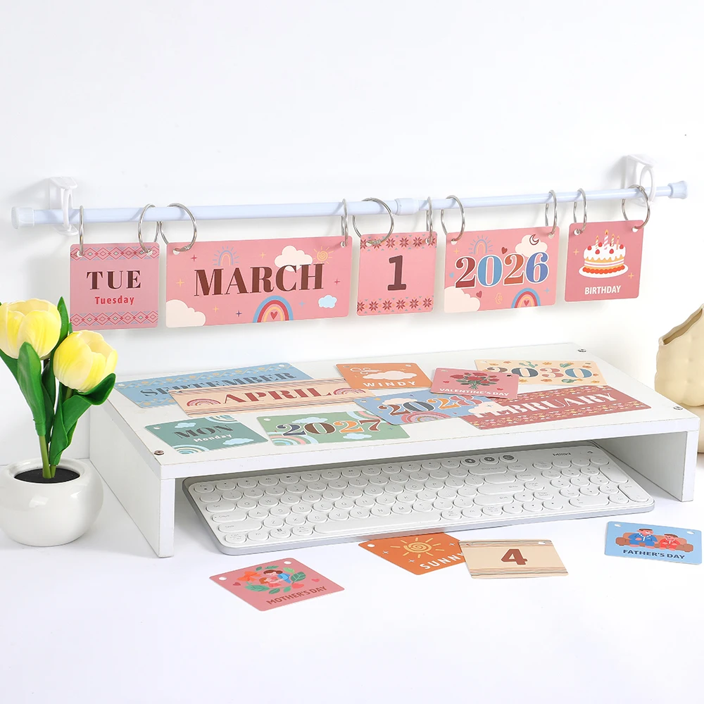 

Настенный флип-календарь в стиле бохо 2026-2030, 73 шт., карточки с датами и регулируемой вешалкой с уплотнительным кольцом, полный набор принадлежностей для учителей