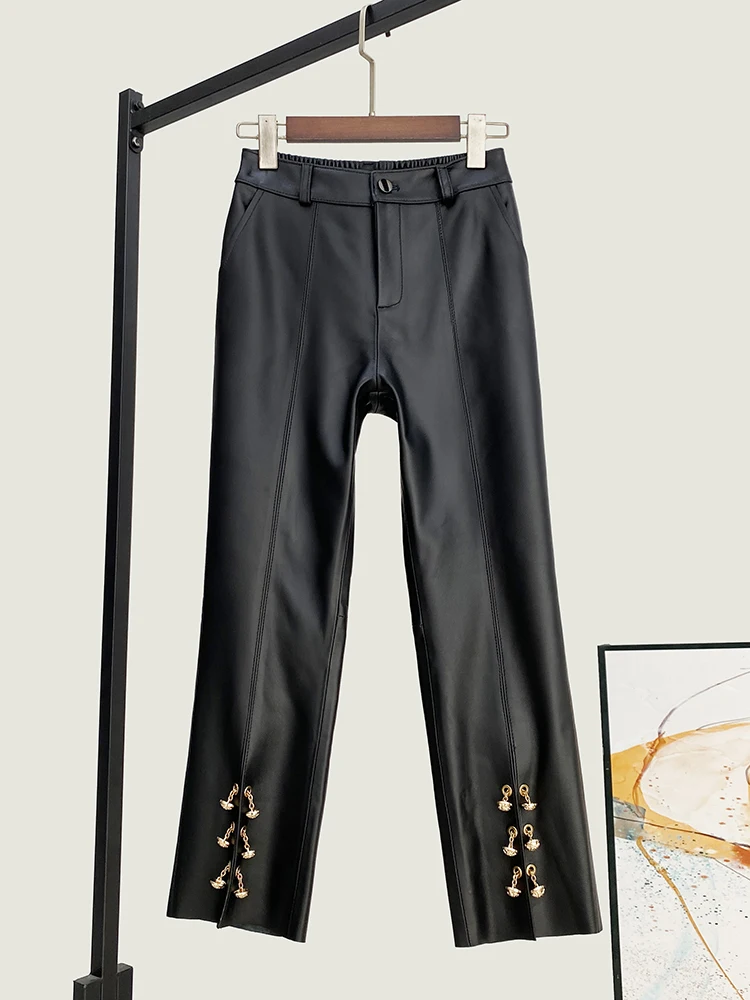 Winter New High Quality Genuine Real Leather Sheepskin Pants Women's Waist Straight Versatile Casual Cropped