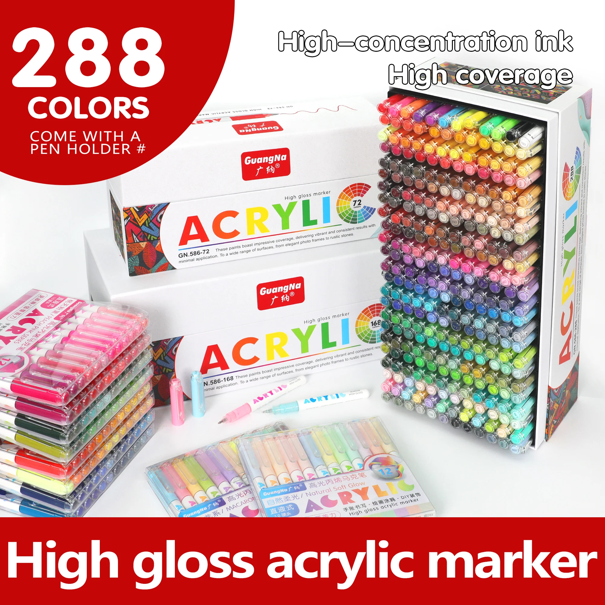 Guangna Marker Pen Set with 288 Colors High-Gloss Acrylic Paint Markers (24 Color Themes) High Concentration Ink, High Coverage, 1.0mm Line Width, Gift Box Set/Single Card Direct Liquid High-Gloss Acrylic Water-Based Pen Set, Paint Markers, Drawing Pens, Art School Studio Supplies, DIY Creation, Can Create 3D Drawing Effects, Suitable for Wood, Ceramics, Metal, Glass