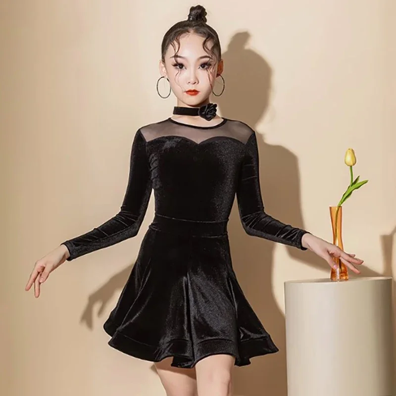 

Black Velvet Long Sleeve Bowknot Bodysuit and Skirts Latin Dancewear Kids Girls Rumba Chacha Performance Competition Costumes