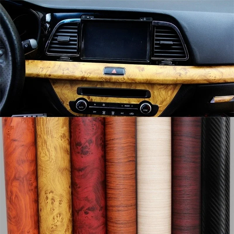 Pegatina autoadhesiva de protección para coche, película de bricolaje para decoración Interior de coche, grano de madera de alto brillo, accesorios