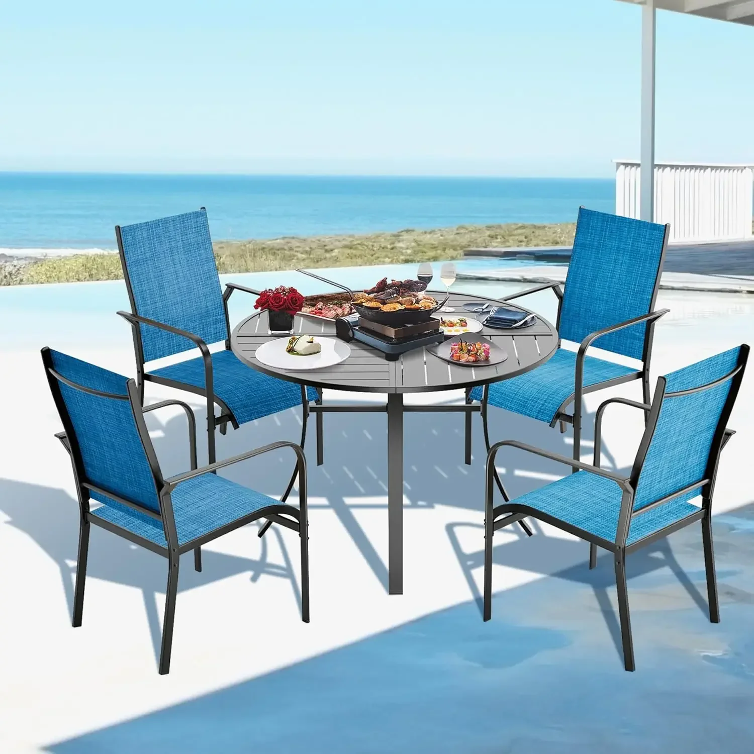 

Bestseller5-Piece Outdoor Dining Table Set for 4,Round Table with Umbrella Hole & 4pcs Textilene Chairs - Patio Outdoor Furnitur