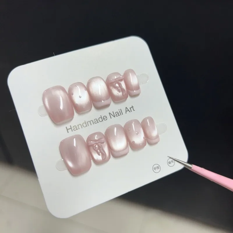 

Handmade Pink French Nail Tips Cat Eye False Nails Set 3D Bow Stick-on Nails for Gluing Ready Press on Nails with Box and Tools
