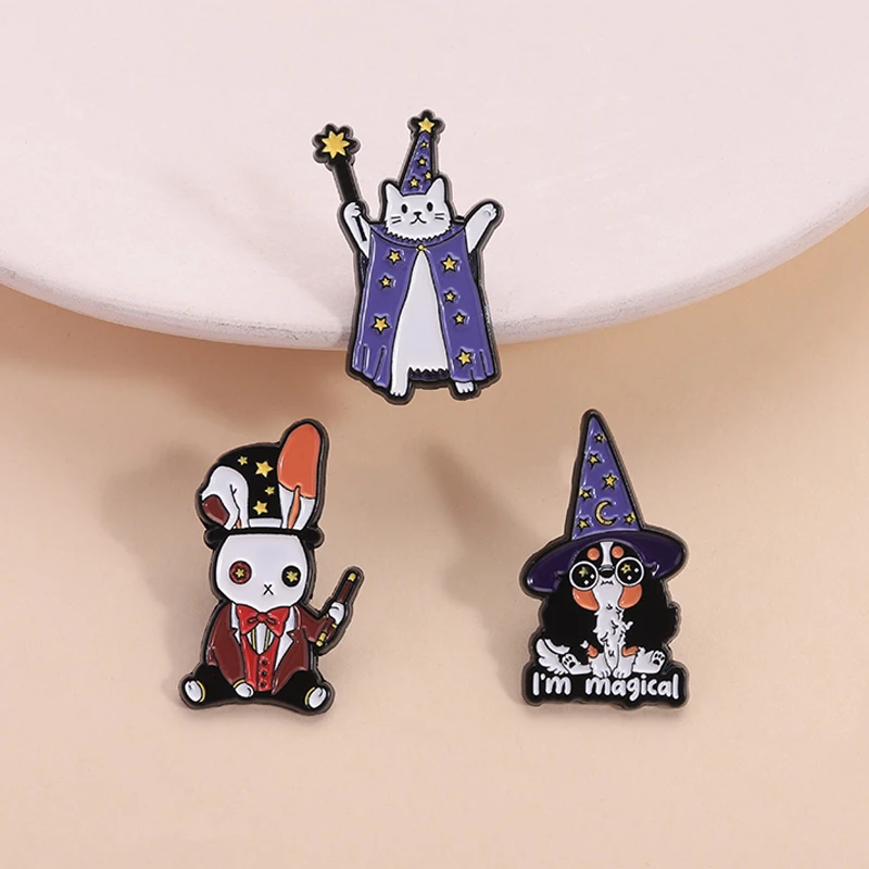 Halloween Cute Animal Wearing Witch Hat Enamel Pins Frog Wizard Magic Wand Brooches Lapel Badge Jewelry Gifts For Kids Friends