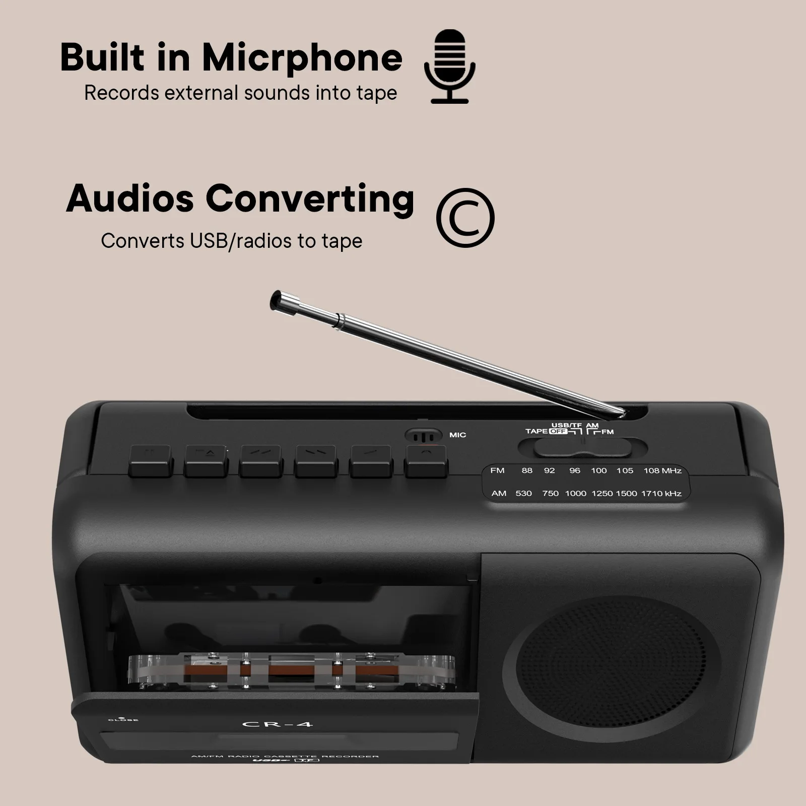 2024 مشغل مسجل كاسيت محمول متعدد الوظائف Boombox AM/FM راديو لاسلكي TF بطاقة/U مشغل أقراص MP3 سماعات موسيقى