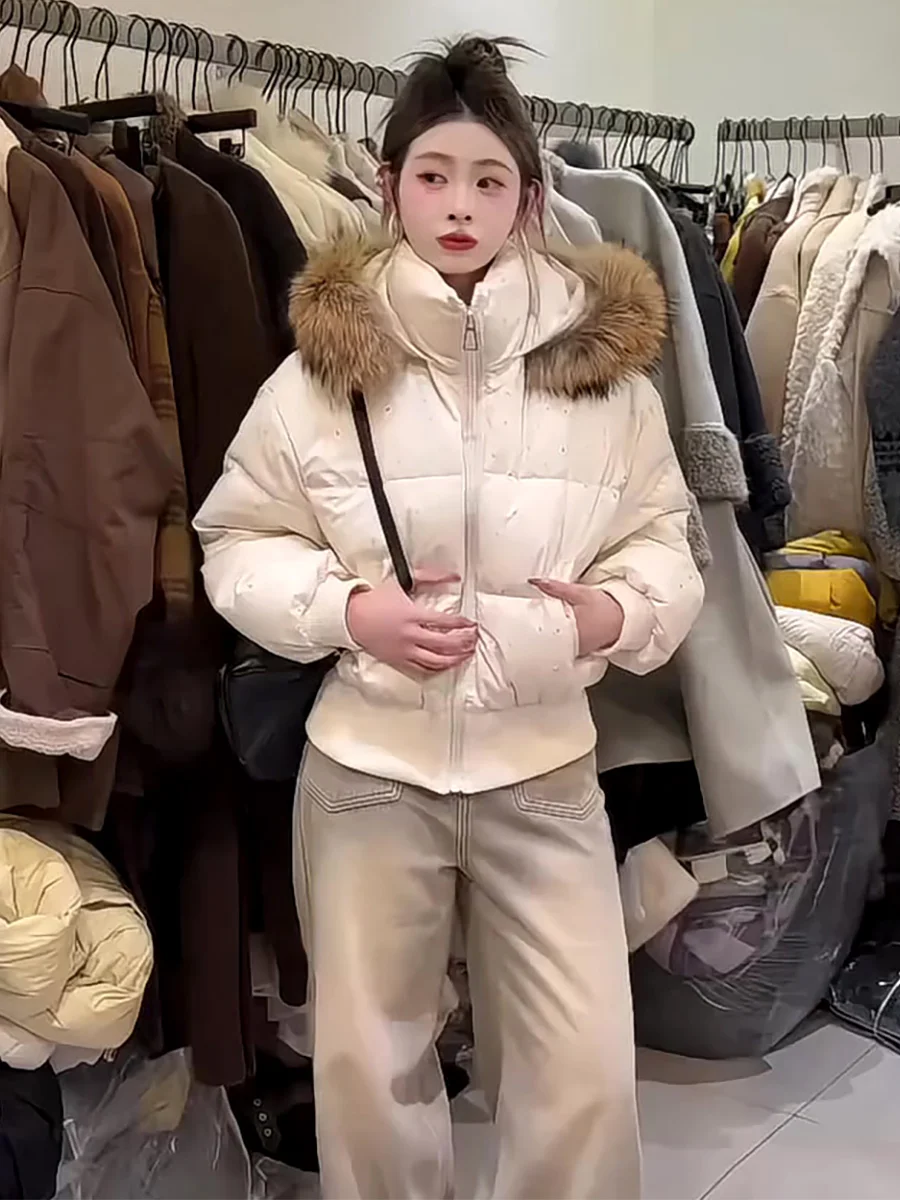 

Женская короткая пуховая куртка с большим меховым воротником и капюшоном, теплая верхняя одежда в корейском стиле, 90% белый пух, пуховик