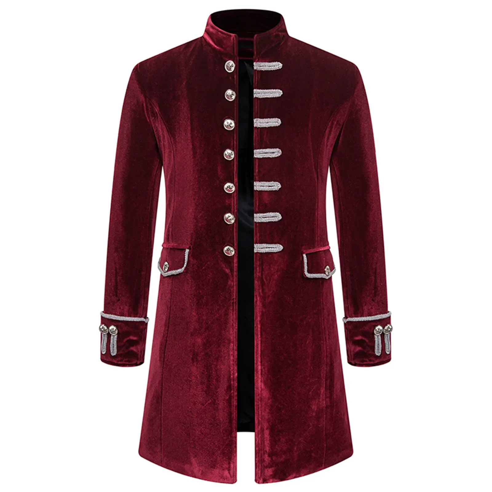Men Steampunk Gothic Victorian Jacket Vintage Wine Red Velvet Tailcoat Medieval Frock Coat Uniform Party Costume Homme