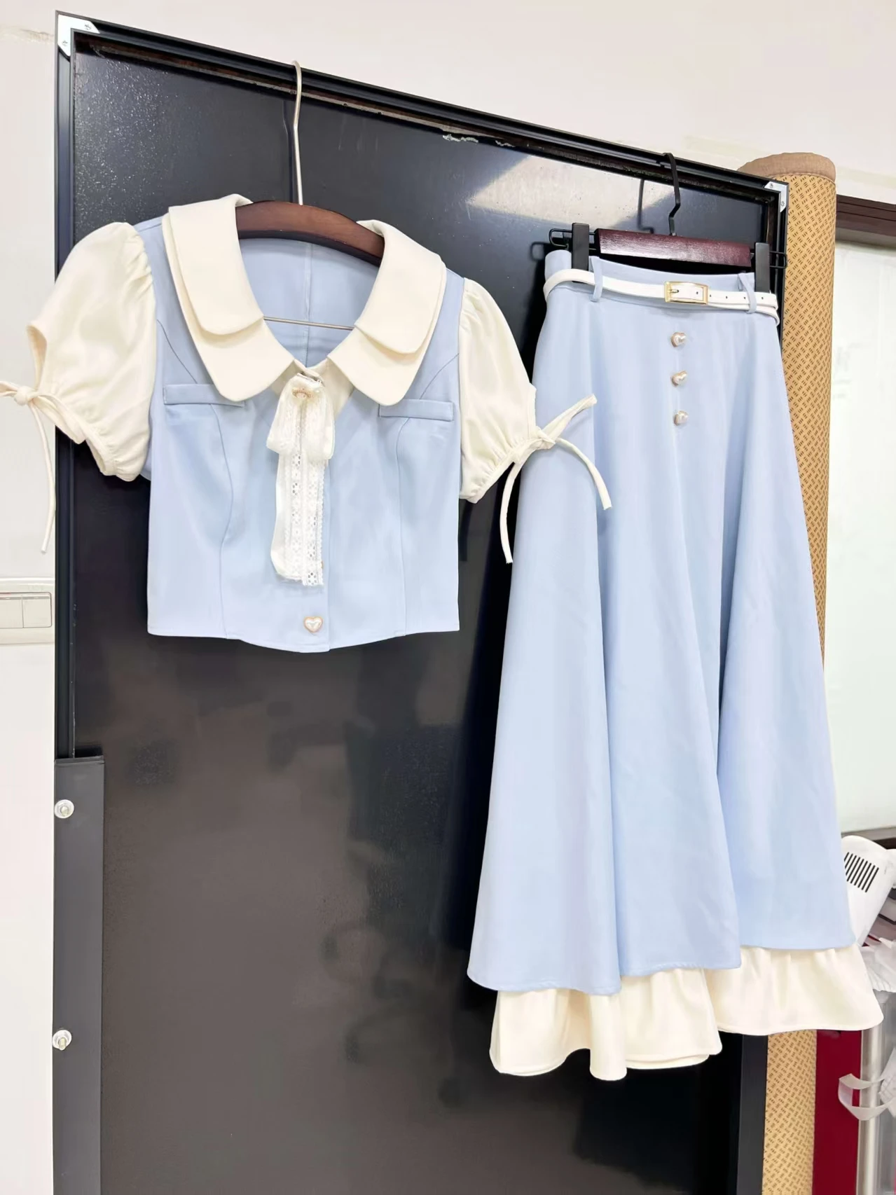 Misty Blue Holiday French Court Style Preppy Girl Set - Designer Mock Two-Piece Top & Waist-Cinching Skirt