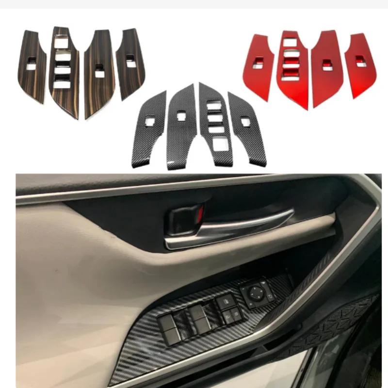 

For Toyota RAV4 2019 2020 2021 2022 2023 Sticker Door Window Glass Panel Armrest Lift Switch Button Carbon Fiber Trim Frame 4PCs