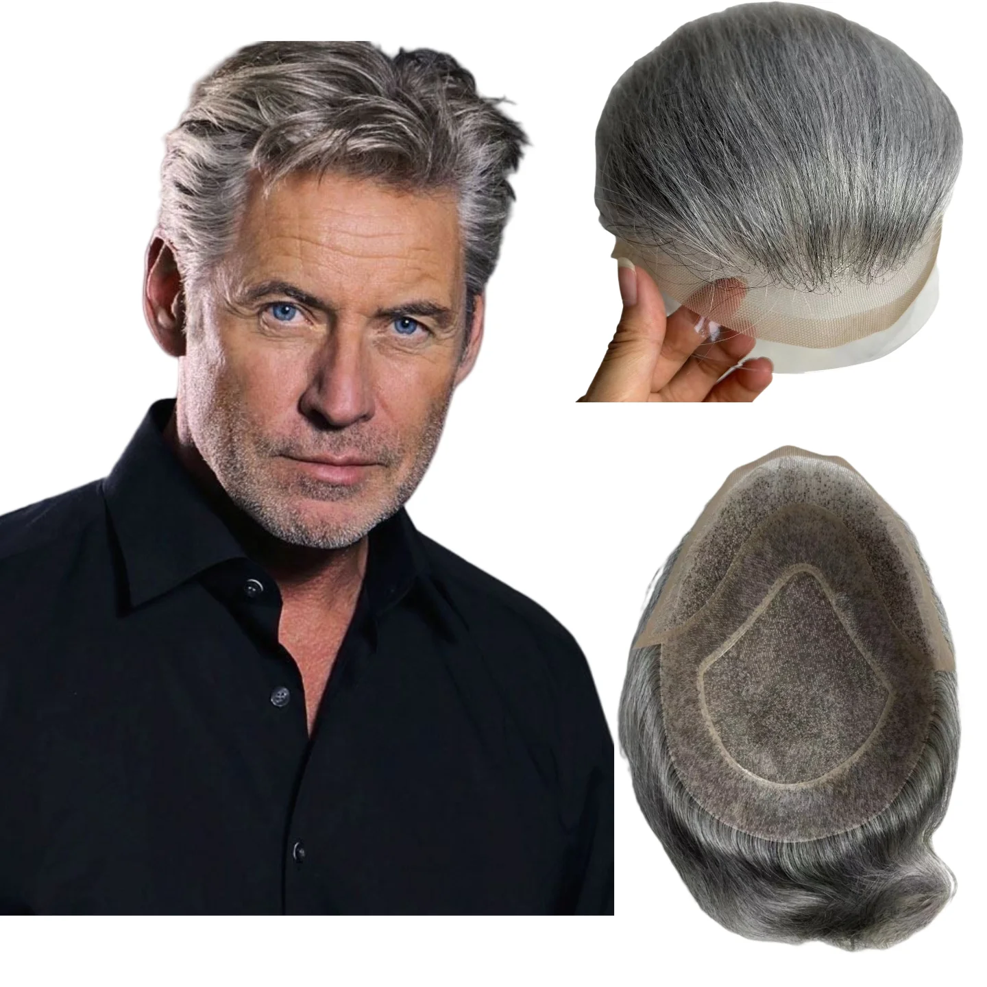 

100% Human Hair Toupee For Old Man Custom Grey Percentage 30% 40% 50% 60% 70% Grey 1B Series Color Skin Base