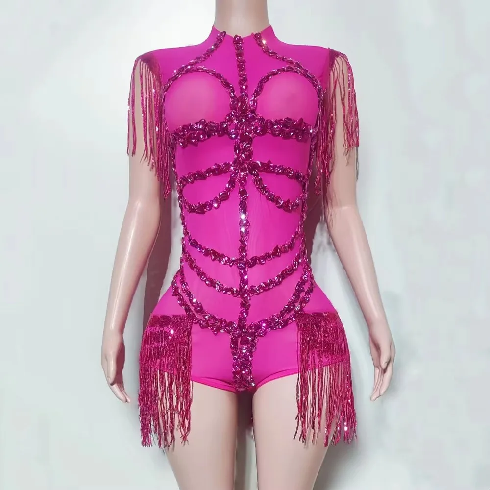 

Women Black Transparent Sexy Crystal Sequins Tassel Bodysuit Nightclub Bar DJ Nightclub Performance Dance Costume Stage Wear