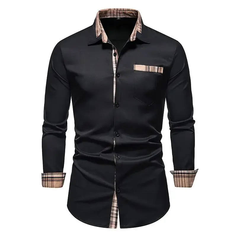 New 2024 Autumn Winter Casual Men's Checkered Shirt Splice M Thickened Fleece Lined Nine Sleeve  Collar Special Wide Fit