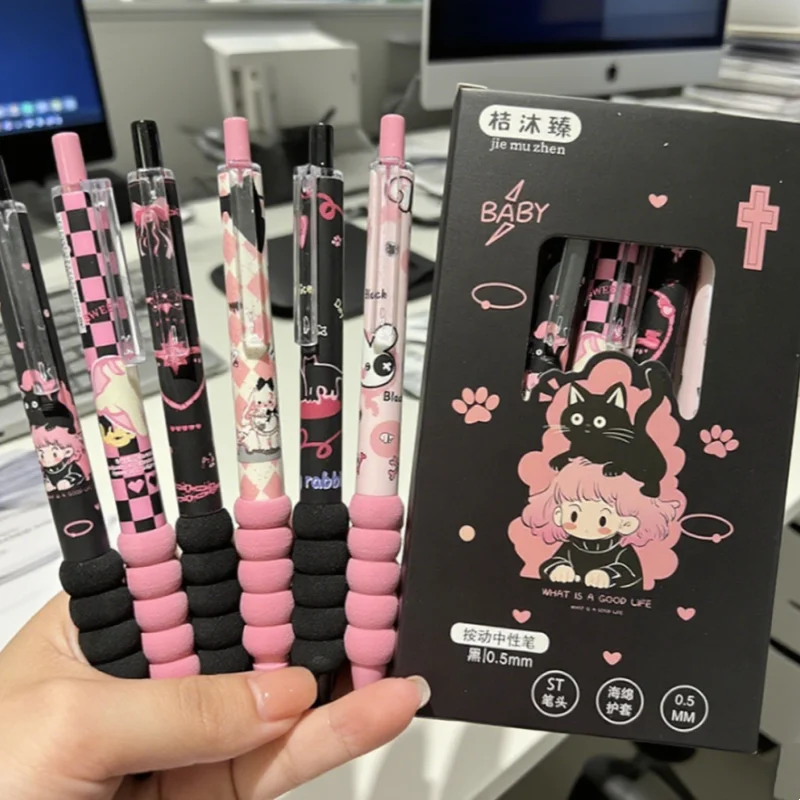6PCS/Set ST Tip Gel Pen Soft Grip Press Type Ballpoint Pen 0.5mm Black Ink Neutral Pen Student  Back To School
