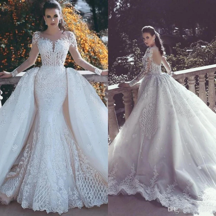 

Mermaid Lace Wedding Dresses With Detachable Train Sheer Neck Long Sleeves Beaded Overskirt Dubai Arabic Bridal