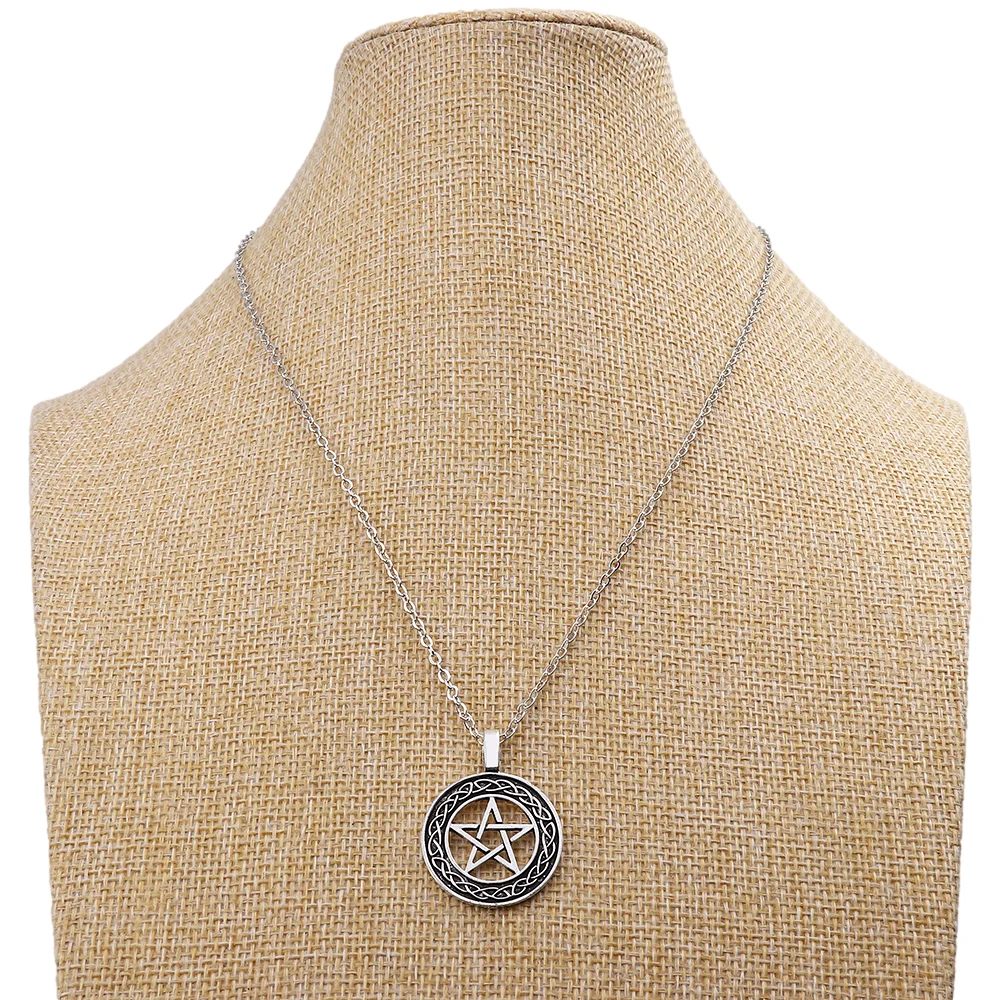

1 x Tibetan Silver Pentacle Pentagram Celtics Knot Round Charms Pendants Necklaces on Long Link Chain Lagenlook 20"