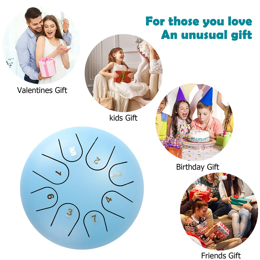 Tambor de lengua de acero al carbono de 6 pulgadas y 8 notas, instrumento de percusión, tambor manual con bolsa de almacenamiento, alivio del estrés para niños y adultos