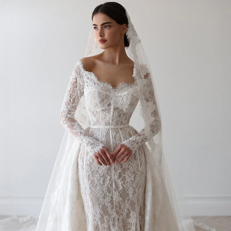 Robe de mariée sirène en dentelle, épaules dénudées, manches longues, élégante, détachable, Robe de bal formelle, personnalisée