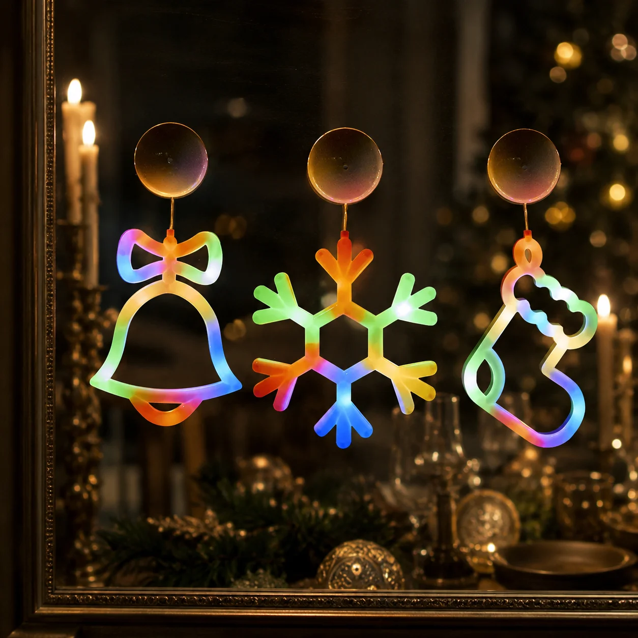 Colorful Christmas Window Lights Battery Powered Snowflake Jingle Bell Suction Cup LED Lamp for Bedroom Home Holiday Decor
