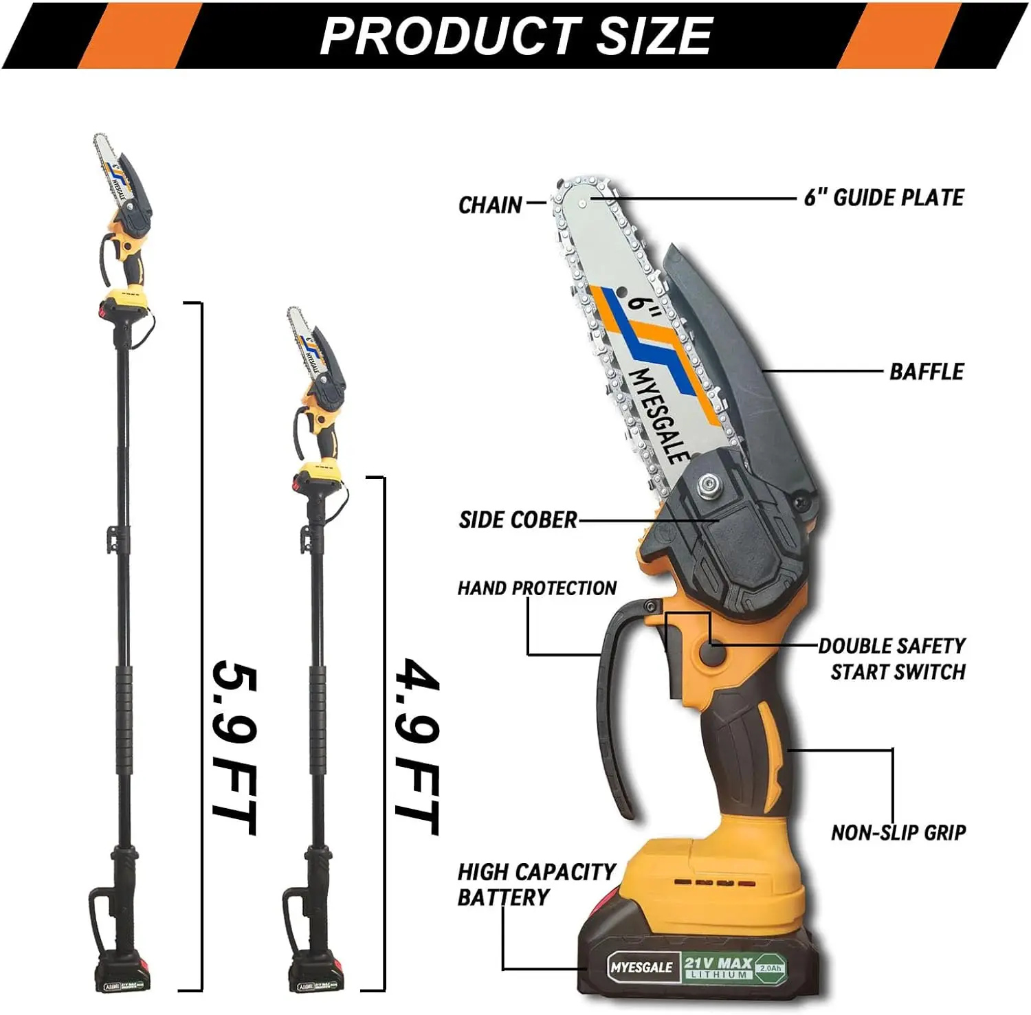 2-In-1 Cordless Pole Saw & Mini Chainsaw, 21V 2.0Ah Battery Powered Chain Saw, Tree Trimmers Long Handle Pruner, 7Ft Reach