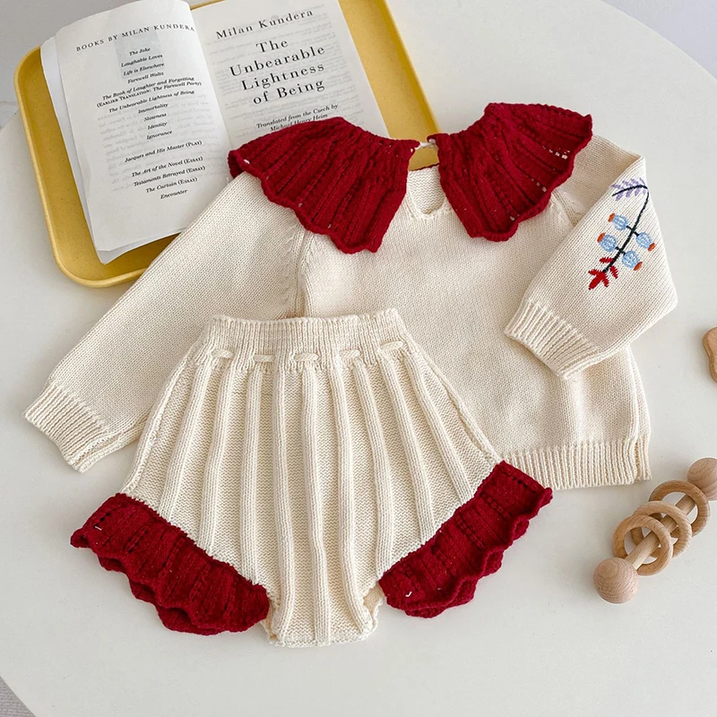 Newborn Baby Girls Clothes Set Long Sleeved Knitted Embroidered Pullover Sweater+PP Shorts Autumn Spring Children Clothing Suit