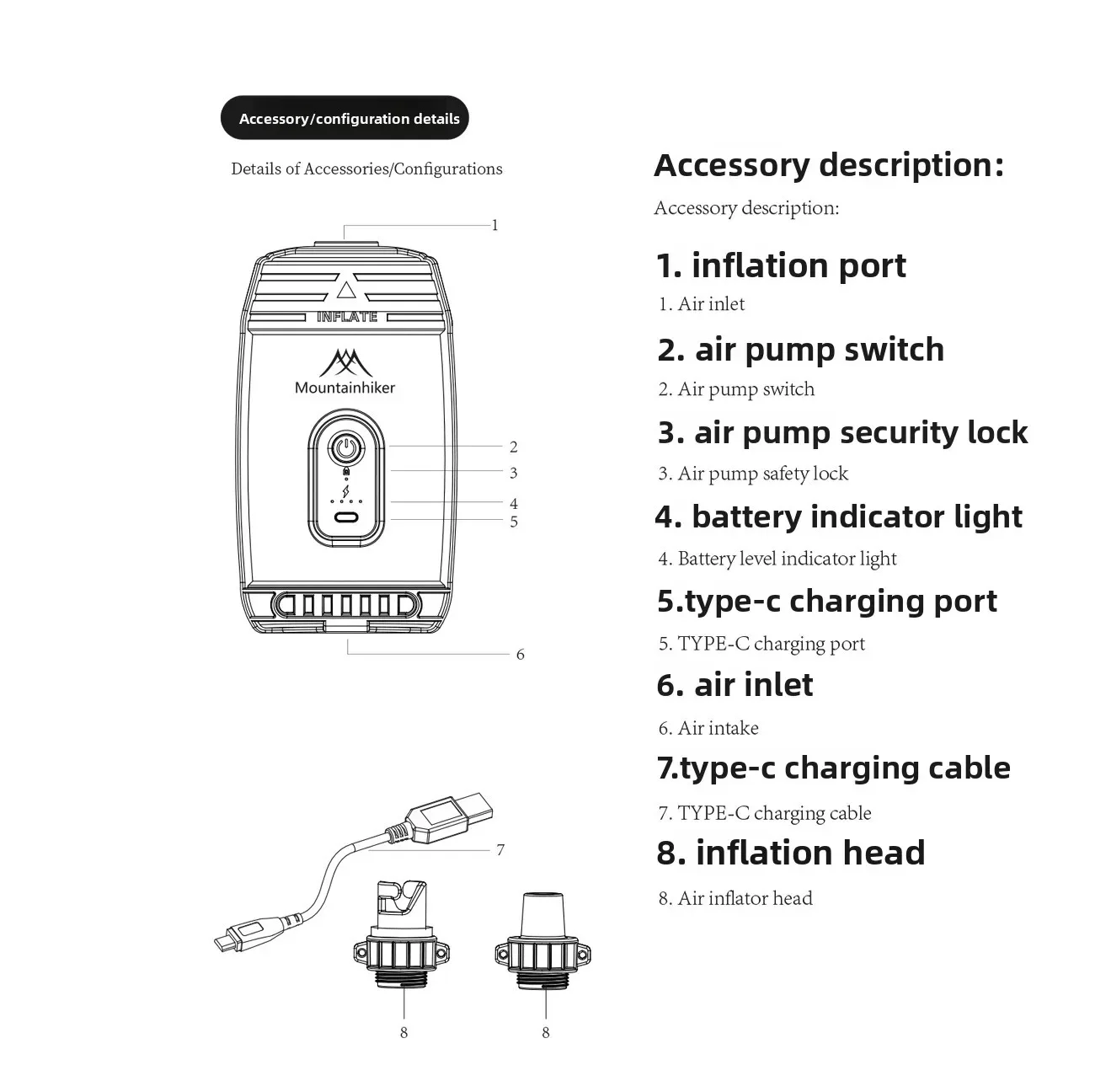 Mountainhiker Neue Tragbare Luftpumpe USB-Aufladbarer Inflator Geeignet für Campingzelte Luftmatratzen Pool-Schwimmhilfen – Detail 18