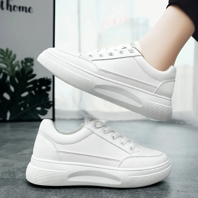 

2024 New PU Leather Women's White Casual Woman Vulcanize Sneakers Breathable Sport Walking Running Platform Flats Shoes