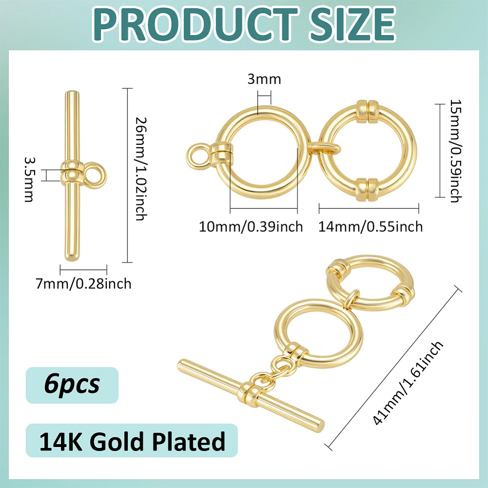 6 Pcs Real 14K Gold Plated Brass Toggle Clasps with Jump Rings 1.6 Inch 2 Round Rings Adjustable T-Bar Closure Clasps