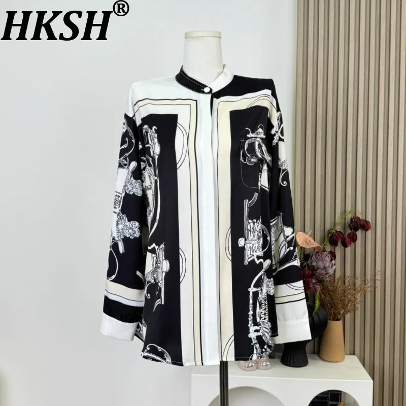 

HKSH Spring Autumn New Women Shirt Printed Stand Collar Single Breasted Long Sleeves Casual Tops High-End Elegant Blouse HK16480