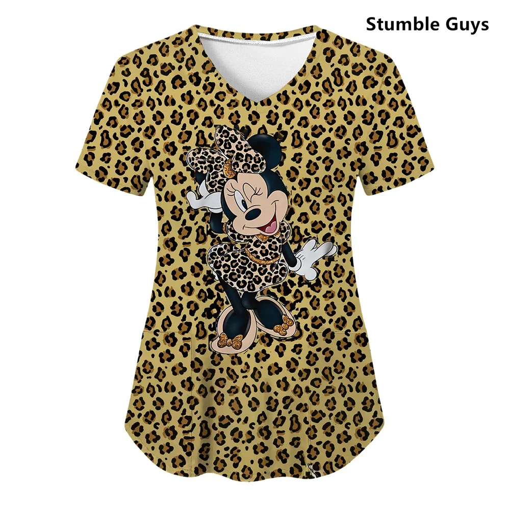 Hospital T-shirt Nurse Uniform T-shirts Minnie Mouse Top Women 2024 Pocket Woman Stitch Clothes V Neck Mickey Tops Tees Women\'s