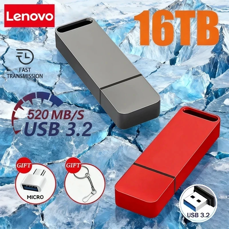 Lenovo 16 TB USB-Stick, USB 3.2, Hochgeschwindigkeits-USB-Stick, Metall-USB-Speicher für Computer, Speichergeräte, Musikadapter für das Auto.
