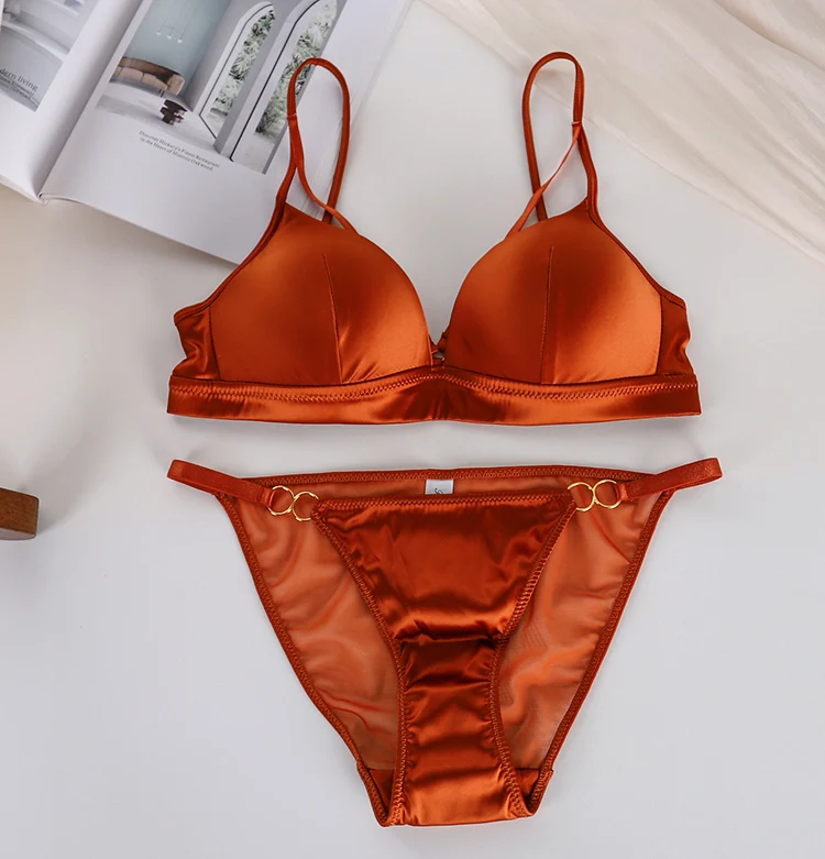 Triangle cup underwear female small chest gathered no steel ring comfortable girly thin shoulder strap summer ultra-thin bra set