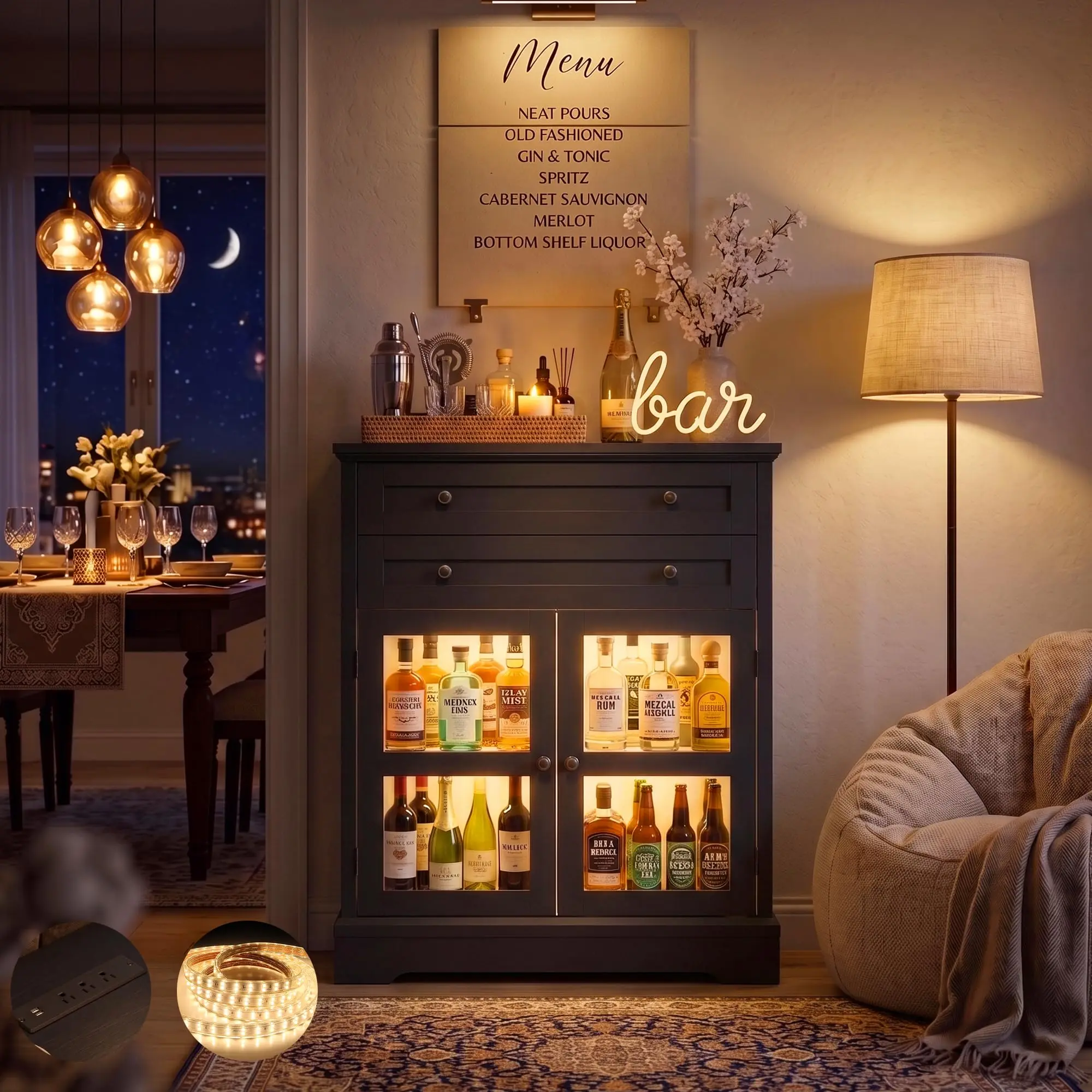 Farmhouse Bar Cabinet with RGB Lighting & Power Outlet, Home Bar Cabinet with Glass Doors, Liquor Cabinet for Wine