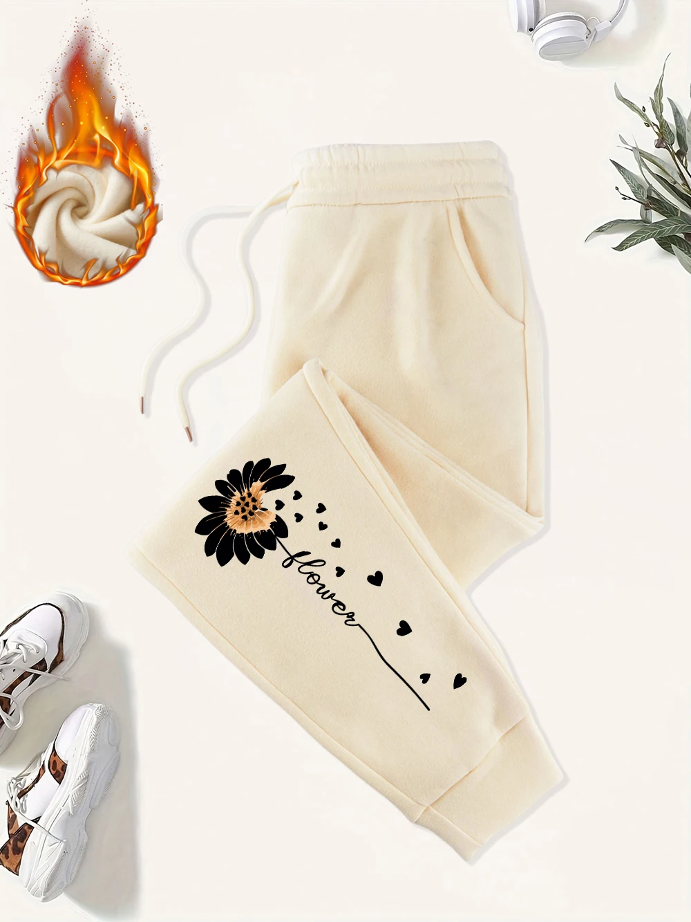 الإبداعية الحب زهرة مطبوعة Sweatpants المرأة أساسيات بنطال رياضي جيب الدافئة الصوف بنطلون الخريف الشتاء امرأة رياضية