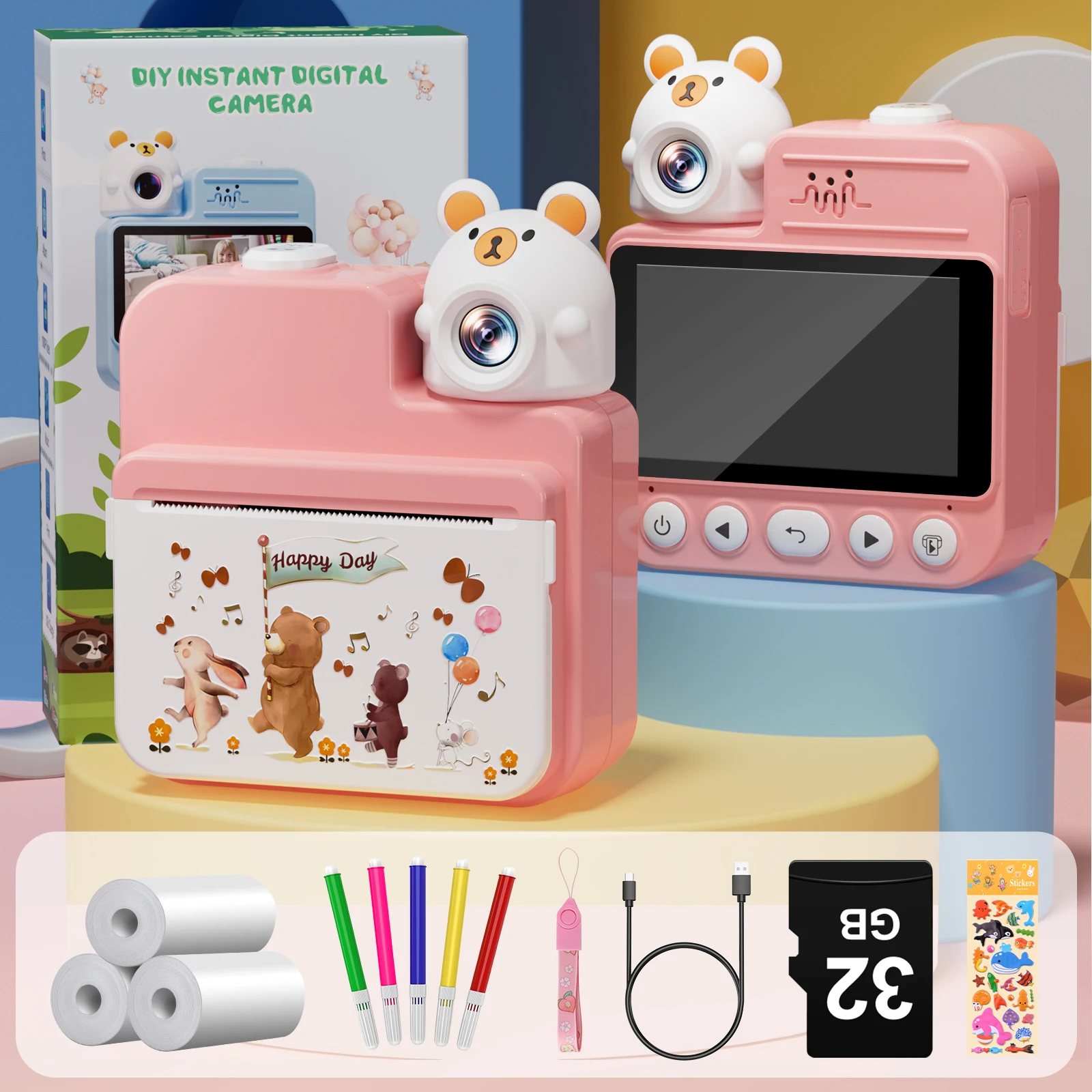 Gofunly 3,0'' instantcamera voor kinderen met 32G-kaart en 3 printpapier, 1080P HD kindercamera Instant Print voor 6-12 jaar